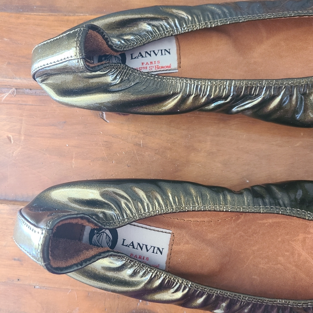 Lanvin Women Patent Leather Kaki Ballet Flat  Size 37 1/2 - Picture 11 of 14